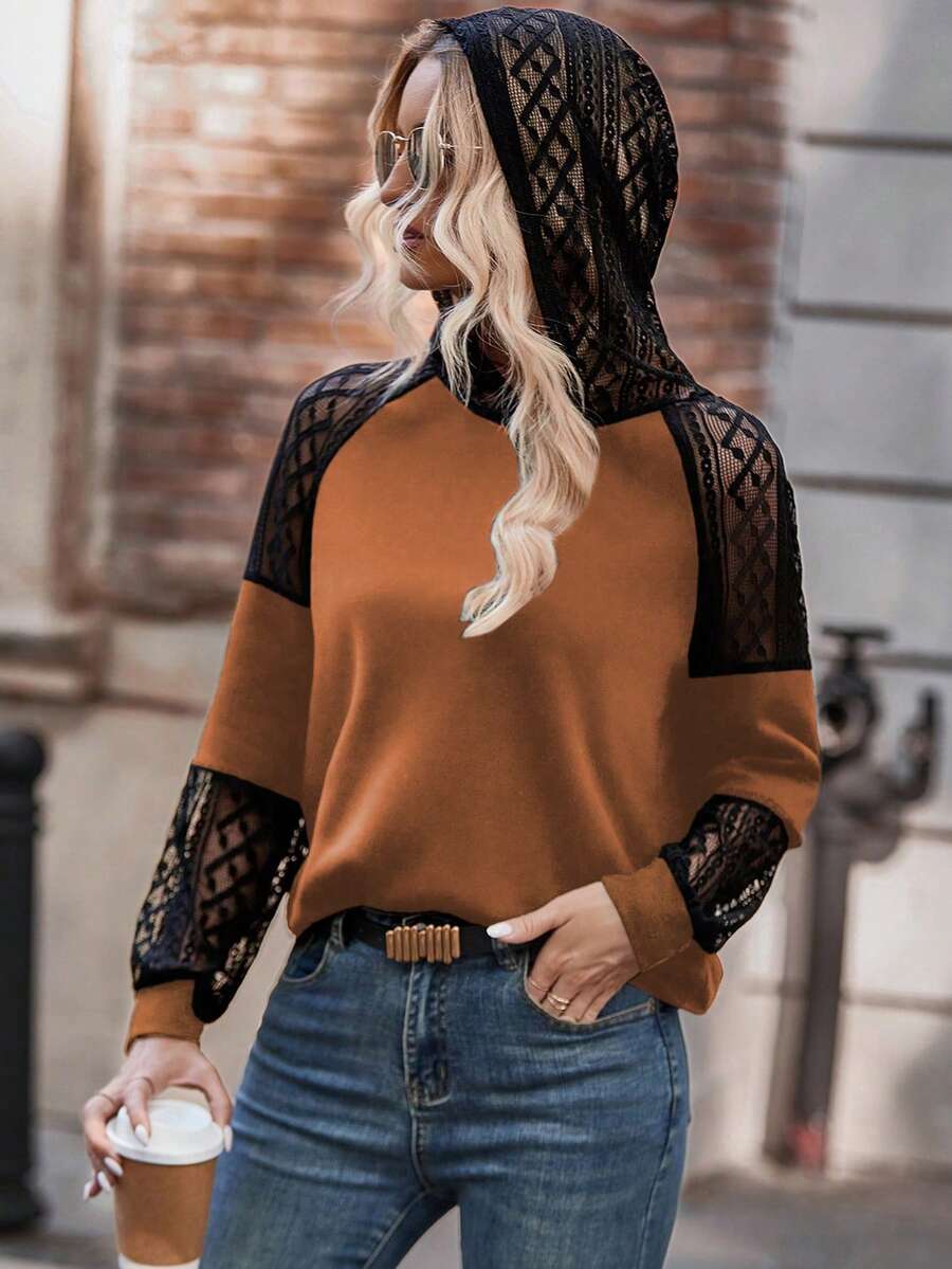 SHEIN LUNE 女式秋季撞色蕾丝插肩袖宽松连帽衫 - 棕色 - 查看 1