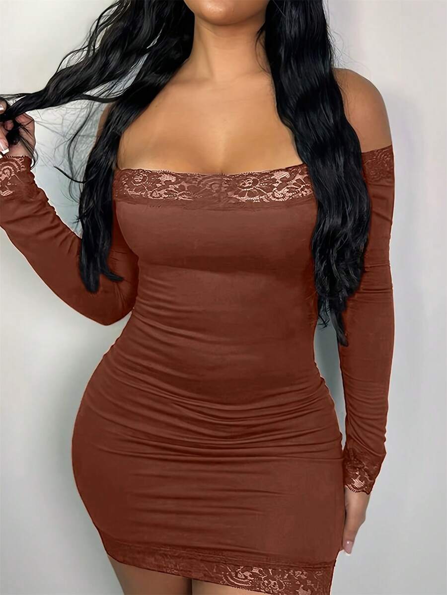 VaVaBold Đầm bó sát hở vai, chắp vá, gợi cảm, dự tiệc hàng ngày cho nữ, màu nâu, mùa thu/đông - Cà phê - Xem 1