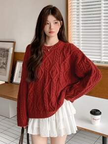 DAZY Women's Solid Color Drop Shoulder Long Sleeve Twist Knit Sweater, Autumn/Winter