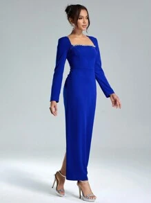 Coutiva 女士优雅针织海军蓝缀饰方领修身中长连衣裙，长袖正式晚会舞会礼服，适合婚礼嘉宾、毕业典礼、晚宴、派对礼服 - 藍色 - 查看 6