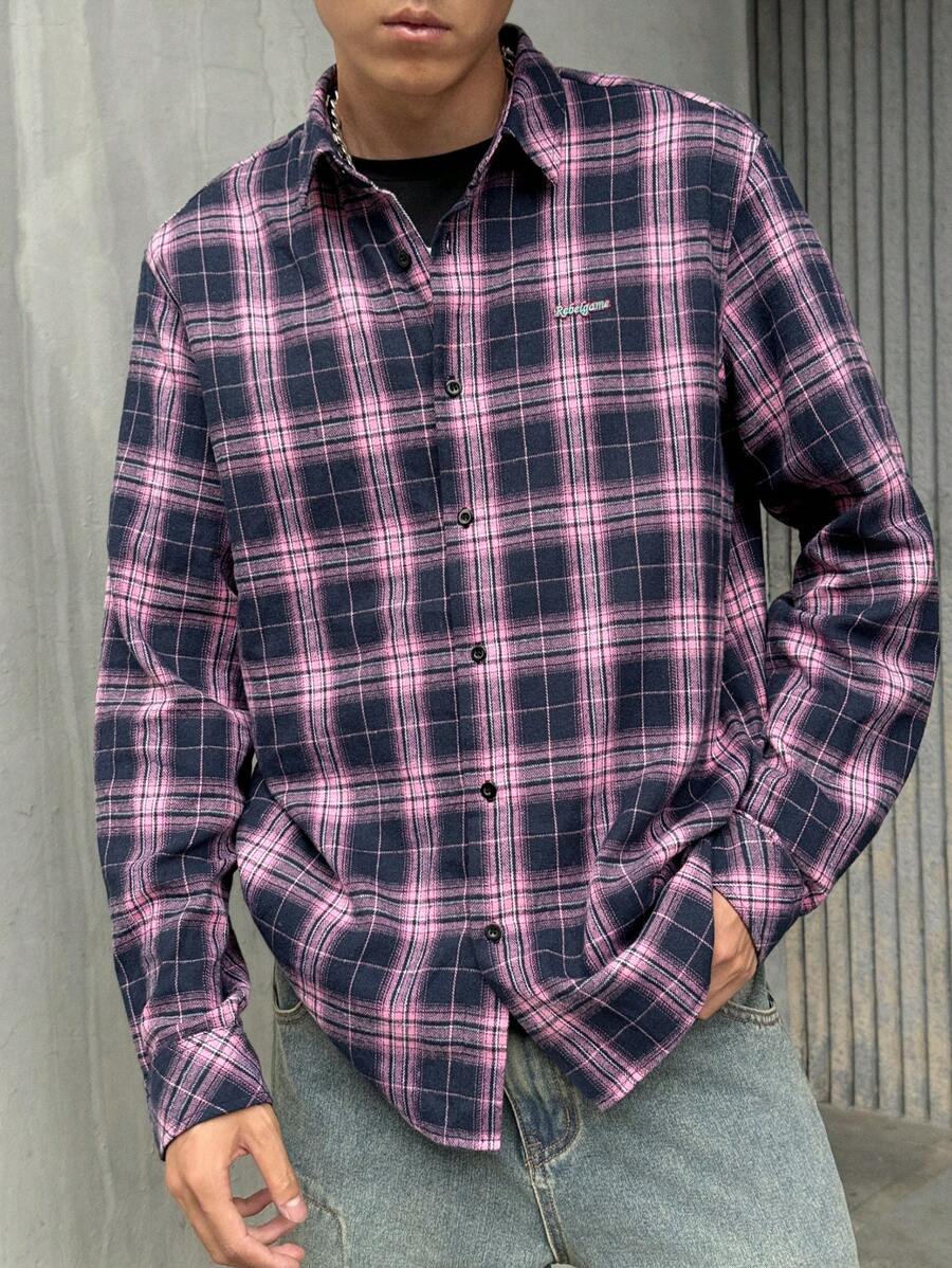 Manfinity VCAY 1 件男式华丽服装趣味休闲宽松时尚高街复古风格编织万圣节图案裤子返校秋季服装网格图案长袖衬衫