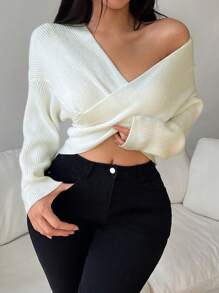 Chiquease Sweter oversize z wiązaniem z przodu, swobodny, dzianinowy, jesień/zima - Biały - Zobacz 7