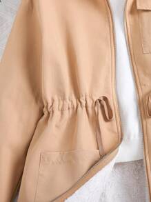 SHEIN Leap Crew Teen Girl's Khaki Thermal Lined Letter Pocket Hoodie Thick Warm Long Waist Coat, Autumn & Winter