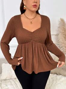 SHEIN Frenchy Plus Size Simple Solid Color Textured Sweetheart Neck T-Shirt, Casual For Autumn - Brown - View 3