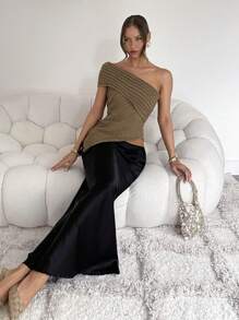 Chiquease 1 pièce Top moulant en tricot à ourlet asymétrique unicolore pour femme - Taupe - Voir 3