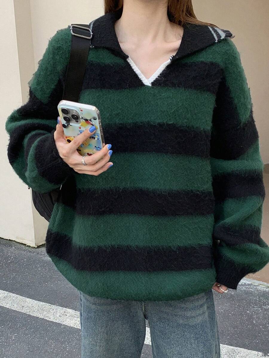 DAZY 女士 POLO 领条纹拼色休闲长袖毛衣，秋季女装 - 墨綠色 - 查看 1