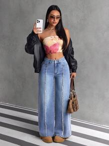 SHEIN EZwear 女式休闲前扣多口袋宽松破洞边缘牛仔裤 - 藍色 - 查看 5