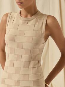 COSMINA 女士圆领无袖简约针织连衣裙，休闲日常穿着 - 駝色 - 查看 8