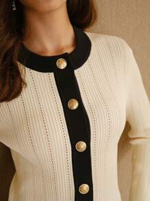 MOTF STUDIO 对比色镶边金色纽扣门襟修身剪裁网眼针织开衫 - 米色 - 查看 3