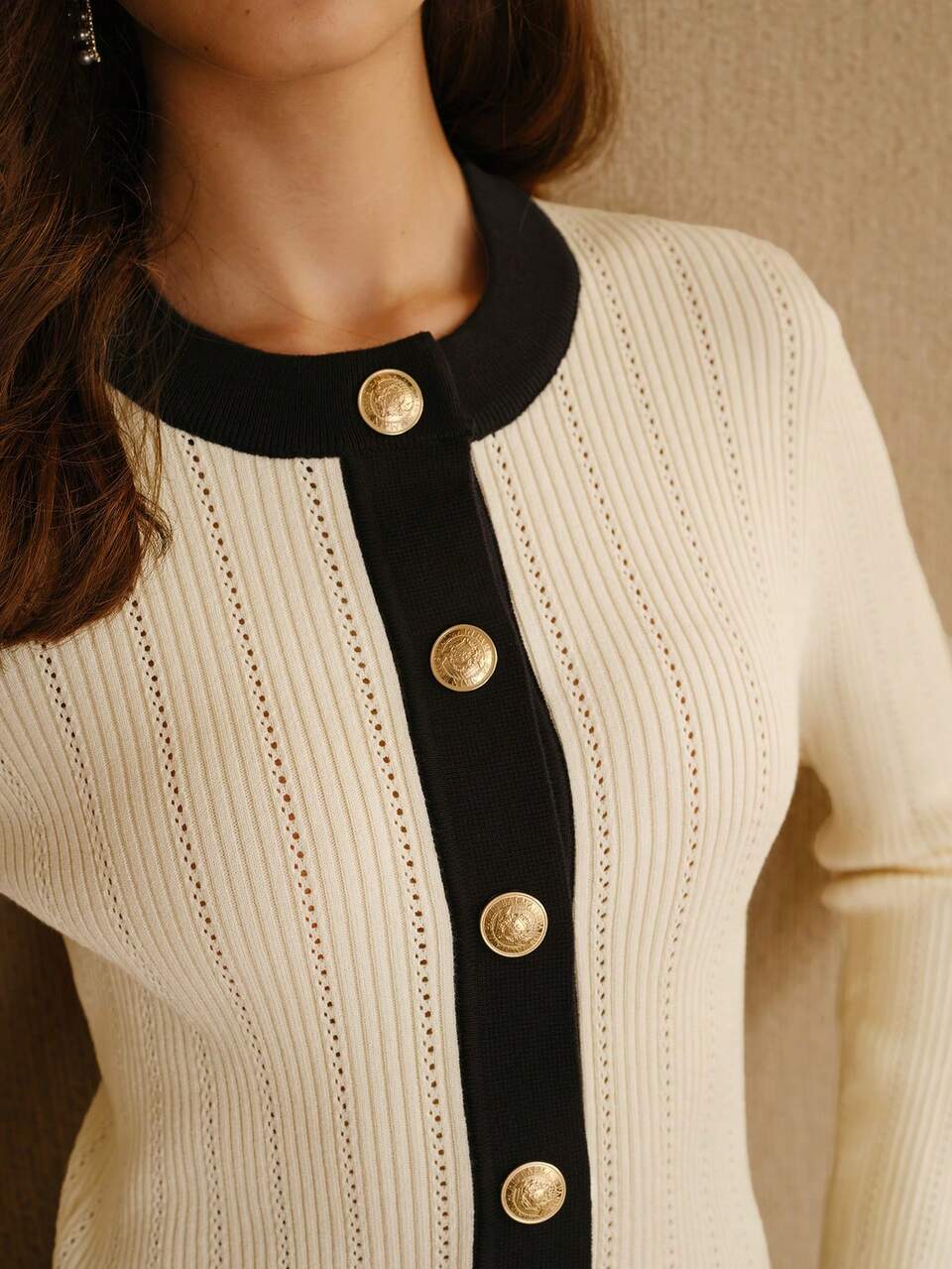 MOTF STUDIO CONTRAST BINDING GOLD BUTTON PLACKET SLIM FIT POINTELLE KNIT CARDIGAN