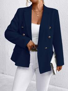 EMERY ROSE Plus Size Women Solid Color Lapel Neck Long Sleeve Metal Double-Breasted Casual Blazer, Autumn Graduation,Back To School,Teacher Outfits For Women Fall Cloth For Women Winter