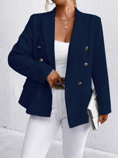 EMERY ROSE Plus Size Women Solid Color Lapel Neck Long Sleeve Metal Double-Breasted Casual Blazer, Autumn Graduation,Back To School,Teacher Outfits For Women Fall Cloth For Women Winter