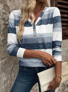 EMERY ROSE 长袖V领纽扣装饰休闲多色条纹女式T恤，适合春秋季穿着。 - 藏蓝色 - 查看 3