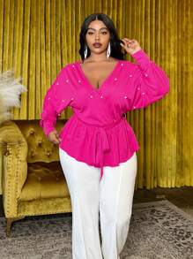 Slaydiva 大码优雅 V 领交叉腰 A 字形连衣裙，带系带细节和珍珠装饰，玫瑰红色，适合秋冬季