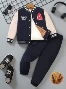 SHEIN 2 件套年轻男孩美国字母印花棒球夹克和宽松长裤套装，时尚街头装套装，适合休闲装、校园场景 - 寶藍色 - 查看 1