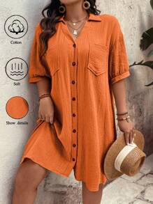SHEIN Holidaya Vestido informal de verano de talla grande con textura lisa, bolsillo y abotonado delantero