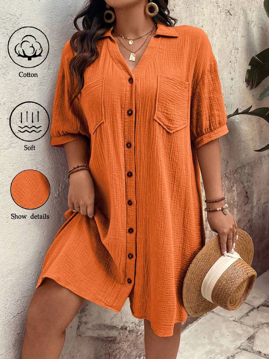 SHEIN Holidaya Vestido informal de verano de talla grande con textura lisa, bolsillo y abotonado delantero