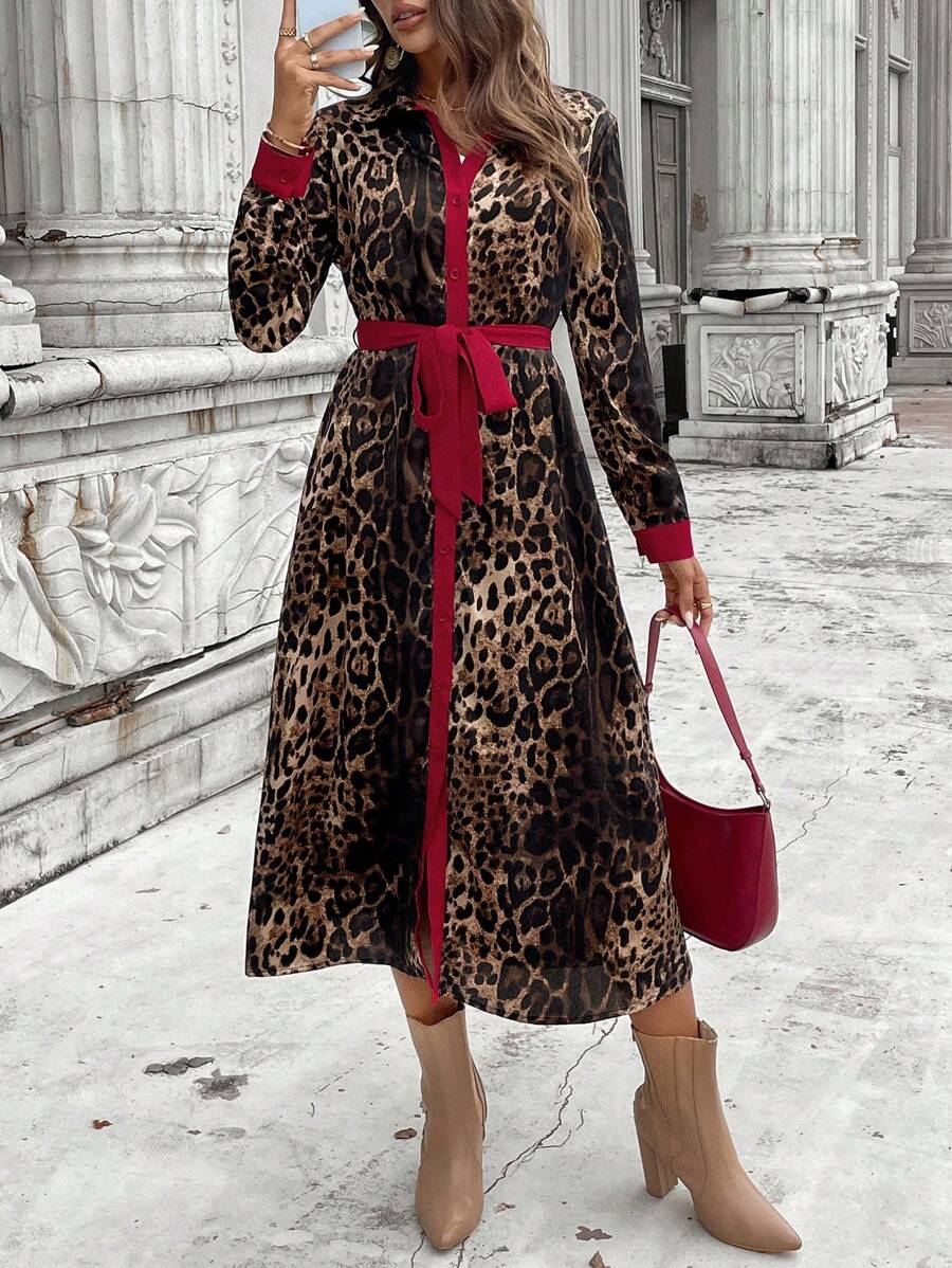 SHEIN LUNE 2024秋冬新款豹纹拼接红色长款开衫连衣裙女 - 彩色 - 查看 1