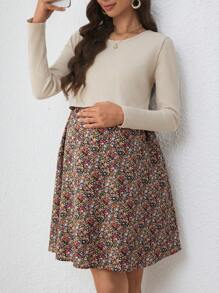 SHEIN 孕妇碎花圆领长袖休闲哺乳连衣裙，适合秋季 - 杏色 - 查看 3