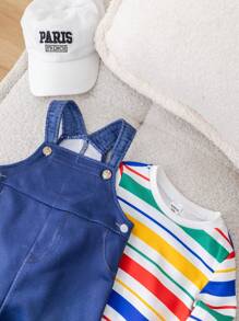 SHEIN 2 件套男婴休闲圣诞假期韩版条纹卫衣和牛仔效果背带裤套装，适合秋冬季 - 藍色 - 查看 5