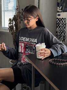 DAZY Women's Casual Loose Figure & Slogan Print Round Neck Long Sleeve T-Shirt, Autumn,Graphic Tees