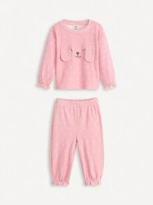 SHEIN 2 件装婴儿秋季圆领长袖休闲兔子印花上衣和波尔卡圆点长裤套装 - 彩色 - 查看 5