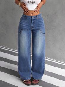 SHEIN EZwear Women Casual Distressed Patchwork Loose Straight Leg Jeans - Blue - View 1