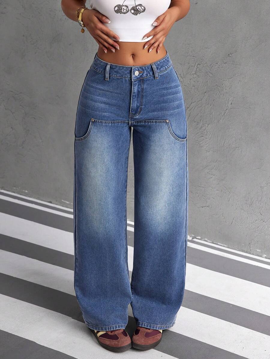 SHEIN EZwear Women Casual Distressed Patchwork Loose Straight Leg Jeans - Blue - View 1