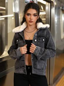 SHEIN EZwear Women's Autumn/Winter Color-Blocking Fleece Lapel Single-Breasted Casual Denim Jacket Thickened Denim - Black - View 6