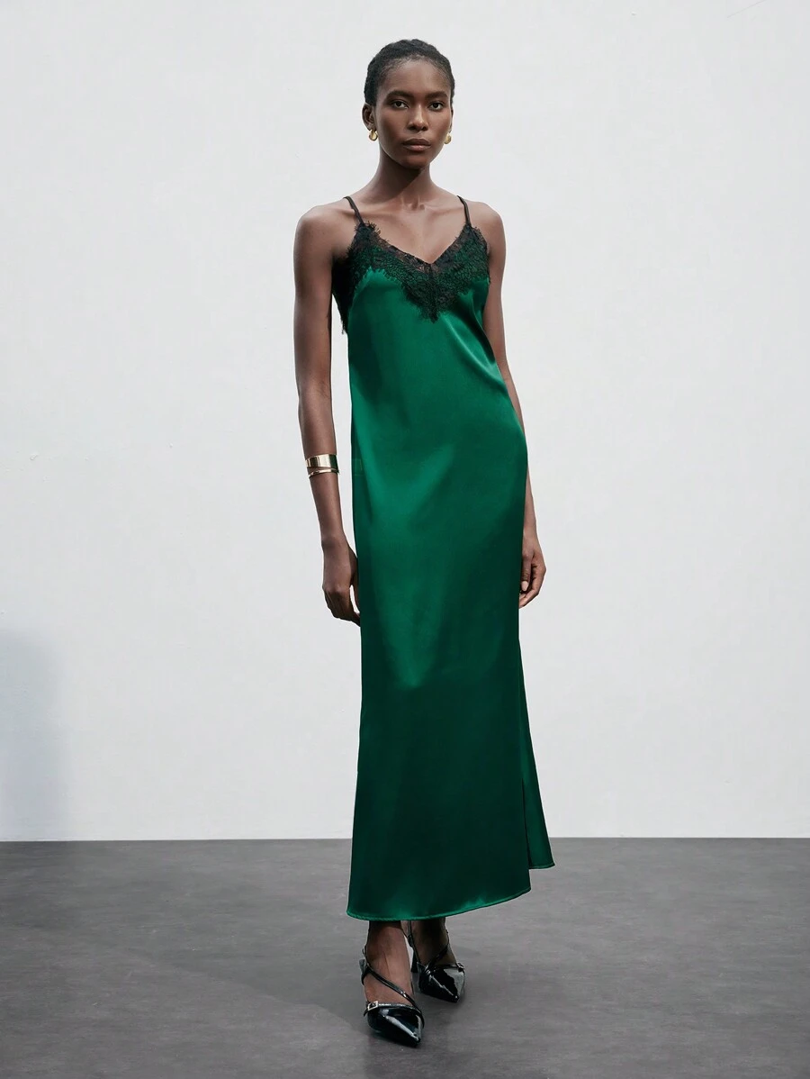 SHEIN Maija 优雅都市节日派对现代复古绿色缎面蕾丝拼布连衣裙，秋冬款 - 綠色 - 查看 1