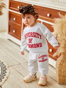 SHEIN Bộ 2 món áo nỉ dài tay in khẩu hiệu đơn giản phù hợp cho trẻ sơ sinh và trẻ mới biết đi, thích hợp mặc ngoài trời và trong nhà - Màu Khaki - Xem 1