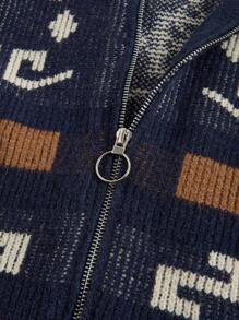 Manfinity Homme Men's Autumn/Winter Small Lapel Geometric Jacquard Zip-Up Cardigan , Christmas - Navy Blue - View 3