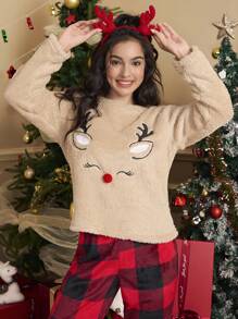 女士圣诞法兰绒睡衣套装，圆领长袖图案细节简约上衣和长裤 - 彩色 - 查看 3