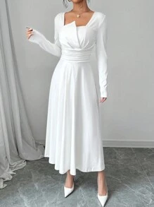 Firerie 女士优雅通勤纯色白色不对称领长袖褶皱腰 A 字裙，优雅适合除夕、秋季、冬季 - 白色 - 查看 4