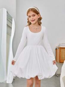 SHEIN Tween Girls Fashionable Solid White Color Ballet Style Round Neck Long Sleeve Mini Puffy Dress, Suitable For Christmas Party, School Event, Fall Winter Dress - White - View 4
