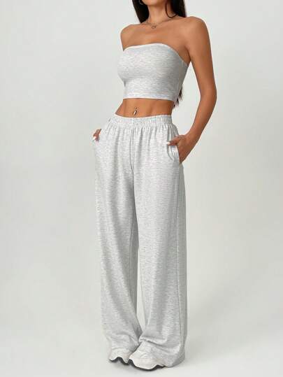 SHEIN PETITE Women's Solid Color Casual Trousers Two-Piece Set