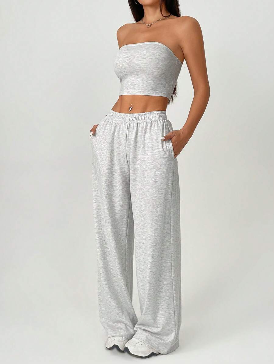 SHEIN PETITE Damskie spodnie casualowe w jednolitym kolorze, dwuczęściowy komplet