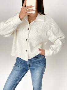 SHEIN PETITE Flap Pocket Drop Shoulder Button Front Overcoat - Apricot - View 3