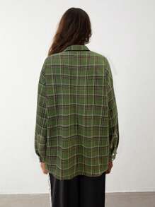 TRNVIE 1 pieza Camisa larga holgada de manga larga con botones y estampado de cuadros vintage para mujer, estilo universitario retro, otoño/invierno