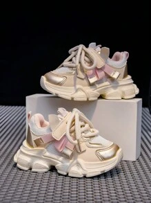 春秋季新款时尚女童儿童运动鞋，学生高帮厚底透气网眼休闲运动鞋 - 米色 - 查看 2