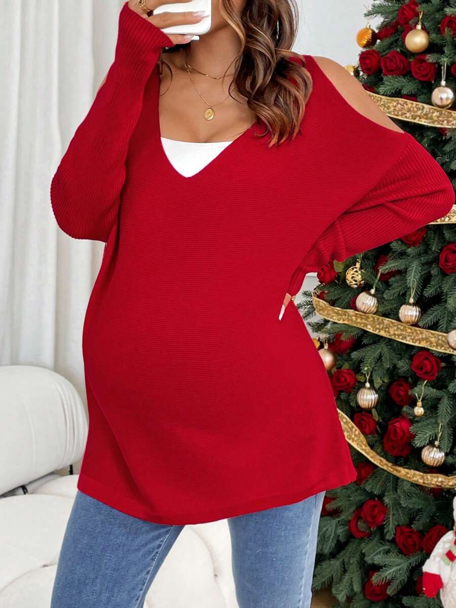 SHEIN Áo thun nữ cổ chữ V hở vai màu trơn tay dài đơn giản thường ngày cho bà bầu - Đỏ - Xem 1