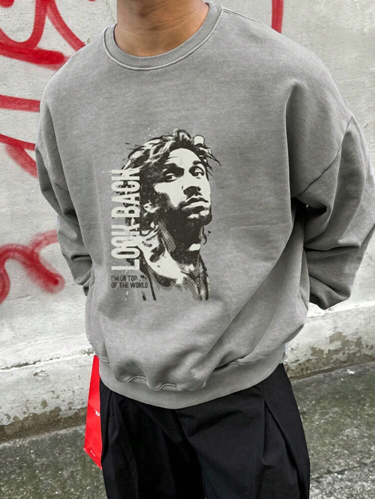 1pc Men Letter Print Thermal Lined Pullover Hooded Sweatshirt, Autumn