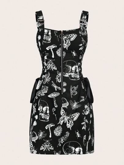SHEIN LUNE Skeleton Print Zip-Front Lace-Up Thick Strap Sleeveless Dress Fall Cloth For Women