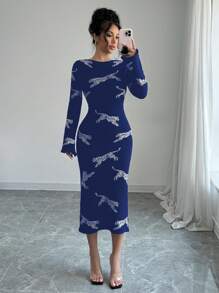 Elenzga Women's Autumn Fashion Leopard Print Long Sleeve Bodycon Sweater Dress Fall Cloth For Women - Blue - View 3