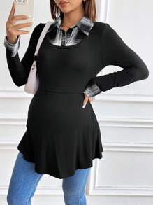 SHEIN Áo thun dài tay chữ A cho con bú cổ vá kẻ caro dành cho bà bầu, thường ngày - Nhiều màu - Xem 1