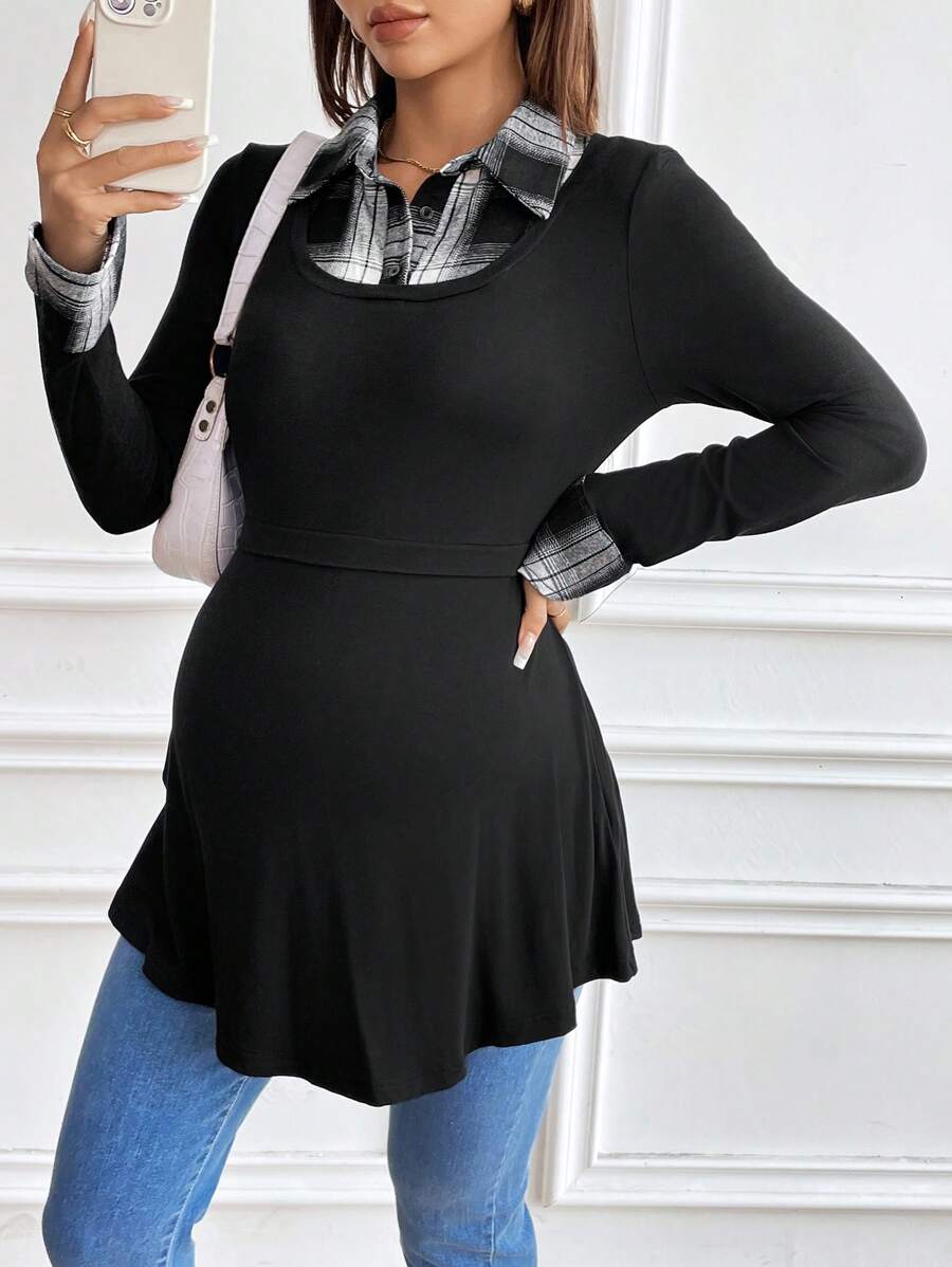 SHEIN Áo thun dài tay chữ A cho con bú cổ vá kẻ caro dành cho bà bầu, thường ngày - Nhiều màu - Xem 1