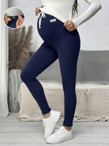 SHEIN 孕妇可调节腰部装饰绳紧身打底裤 - 藏蓝色 - 查看 1