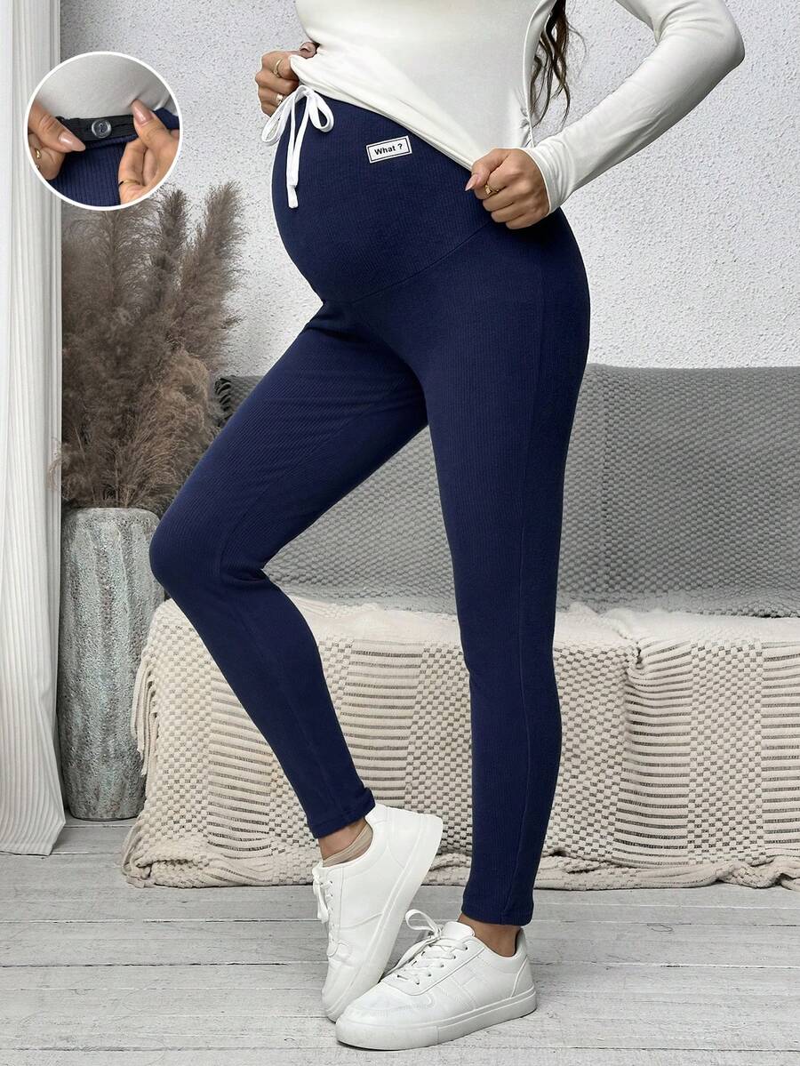 SHEIN 孕妇可调节腰部装饰绳紧身打底裤 - 藏蓝色 - 查看 1