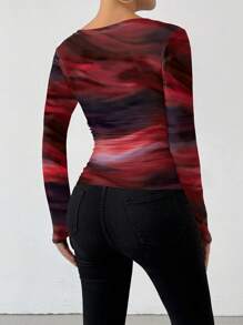 Chiquease Áo thun dài tay cổ nhún in họa tiết nhuộm tie-dye cho nữ dịp năm mới, thích hợp mặc vào mùa xuân. - Đỏ - Xem 2