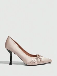 CUCCOO CHICEST Women's Solid Color Rhinestone Decor Casual High Heel Pumps New Year Holiday - Apricot - View 2